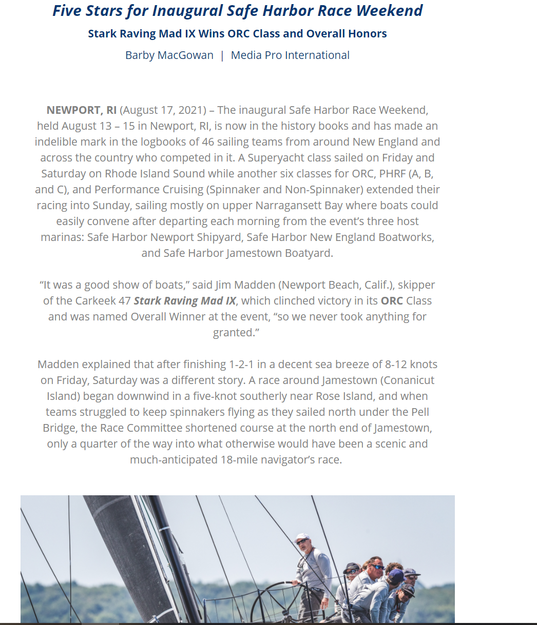 2021 Safe Harbor Marinas Race Weekend Overall Results Stark Raving Mad